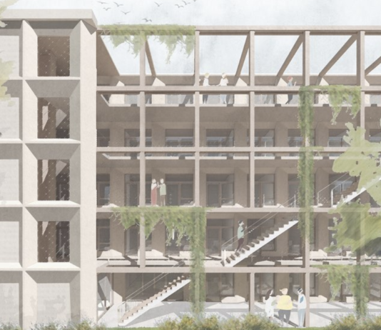 Houten studentenwoningen tegenover de Kolenkitkerk