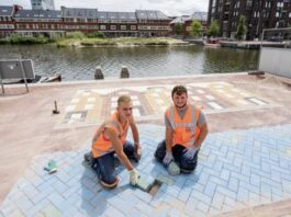 Sierbestrating met gracht op kade in Houthaven
