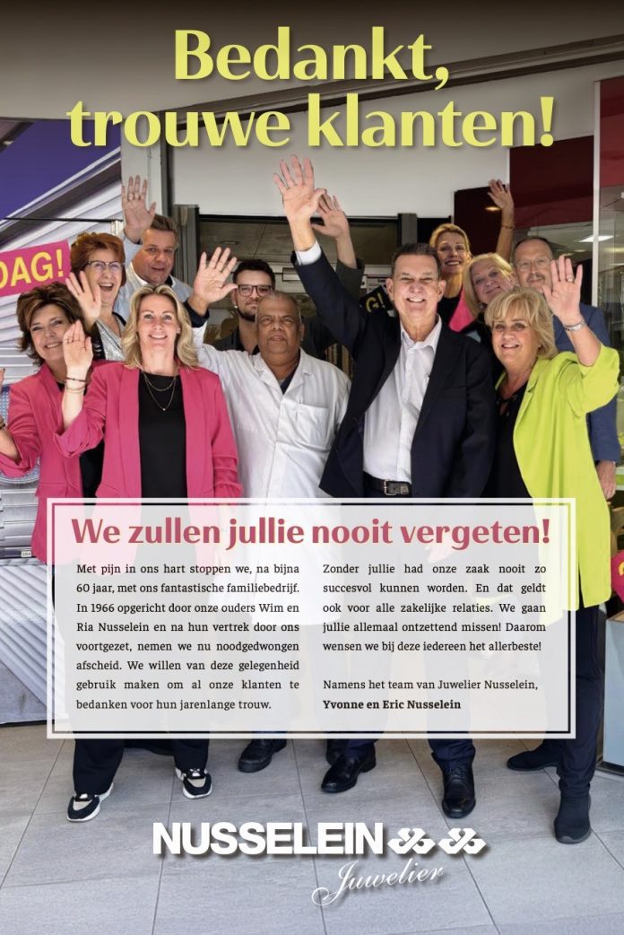 Nusselein bedankt trouwe klanten