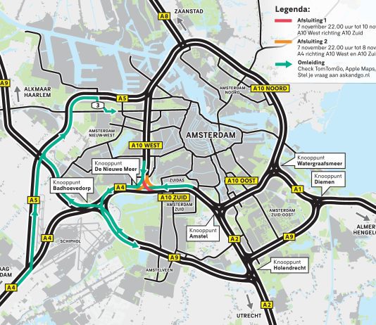 Afsluiting A10 West richting A10 Zuid op 7-10 november