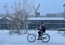Flinke laag sneeuw bedekt Amsterdam-West – Fatbiker maakt sneeuwpop